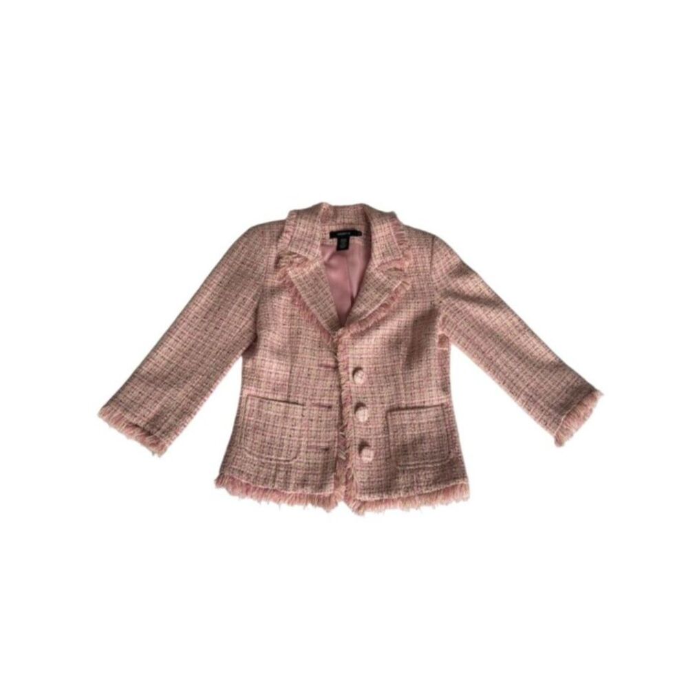 Arden B Pink Plaid Tweed Fringe Blazer Y2K Preppy Girly Buttons Pockets Size S